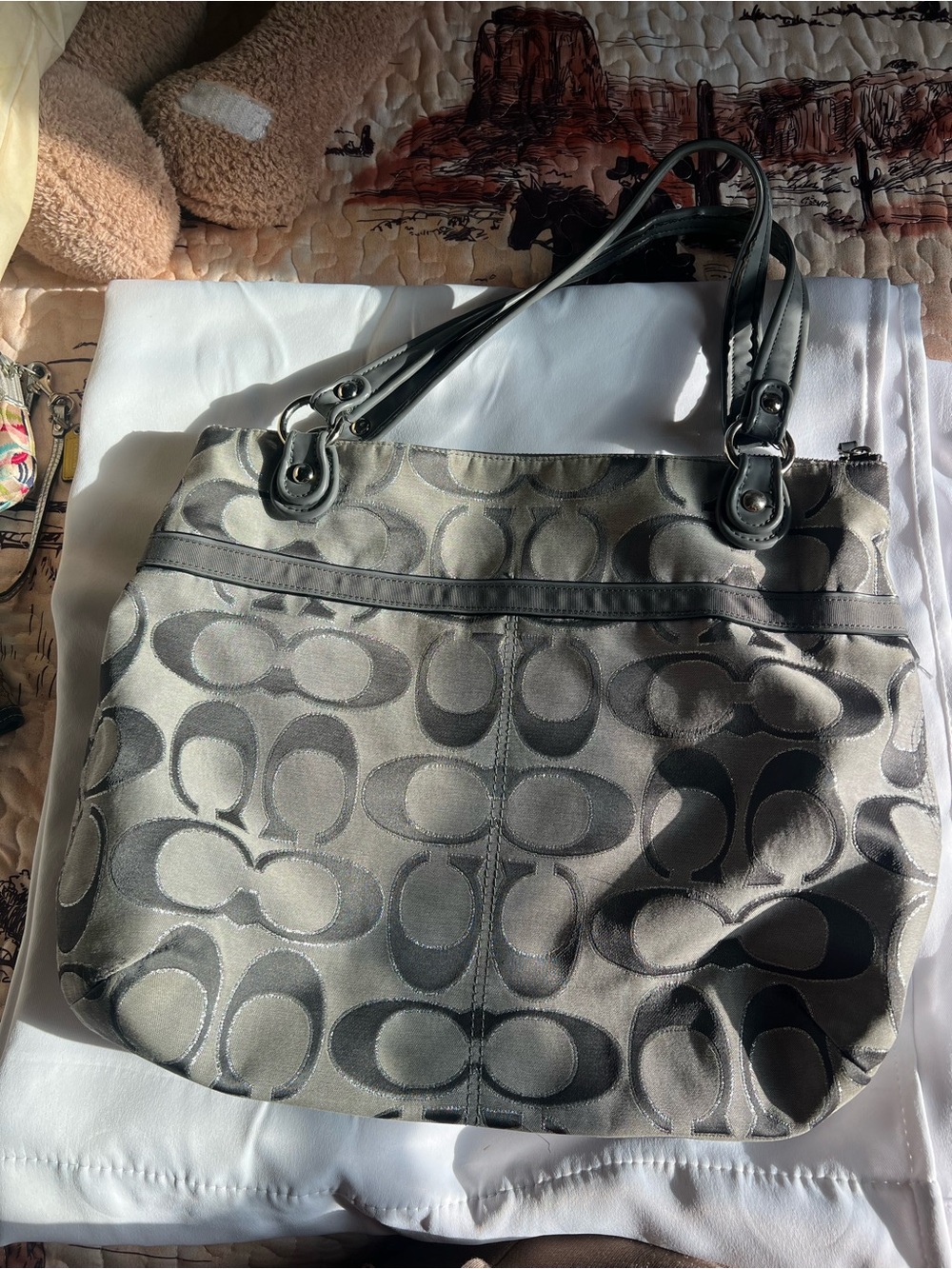 Coach Black and Gray Signature Shoulder Bag